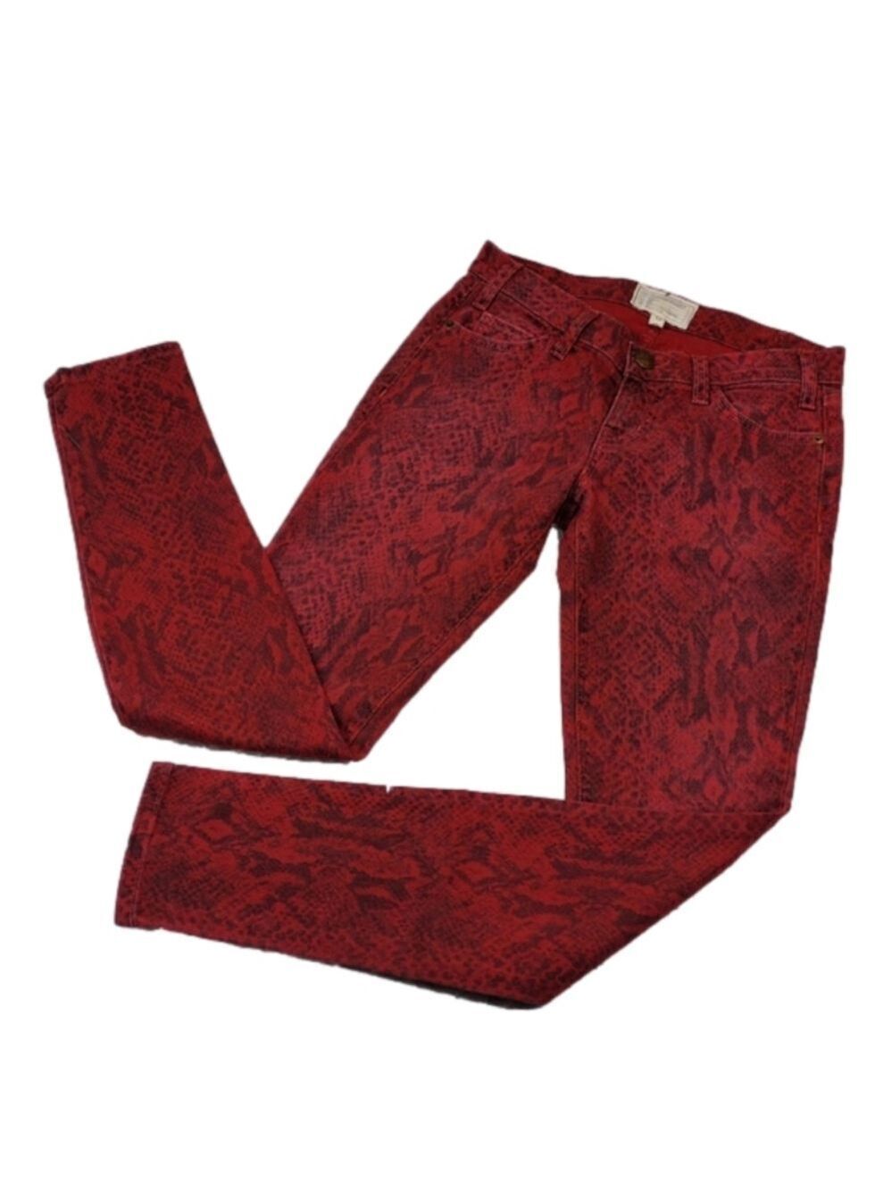 Current/Elliott Red Snakeskin Print Five Pocket Low Rise Skinny Leg Colored Jean